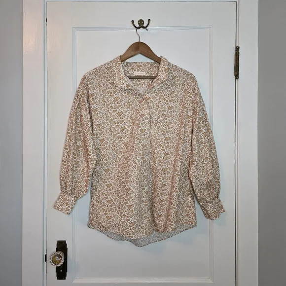 Ann Mashburn 100% Cotton Blouse – Size L - White / Caramel Floral Pattern - Picture 1 of 10